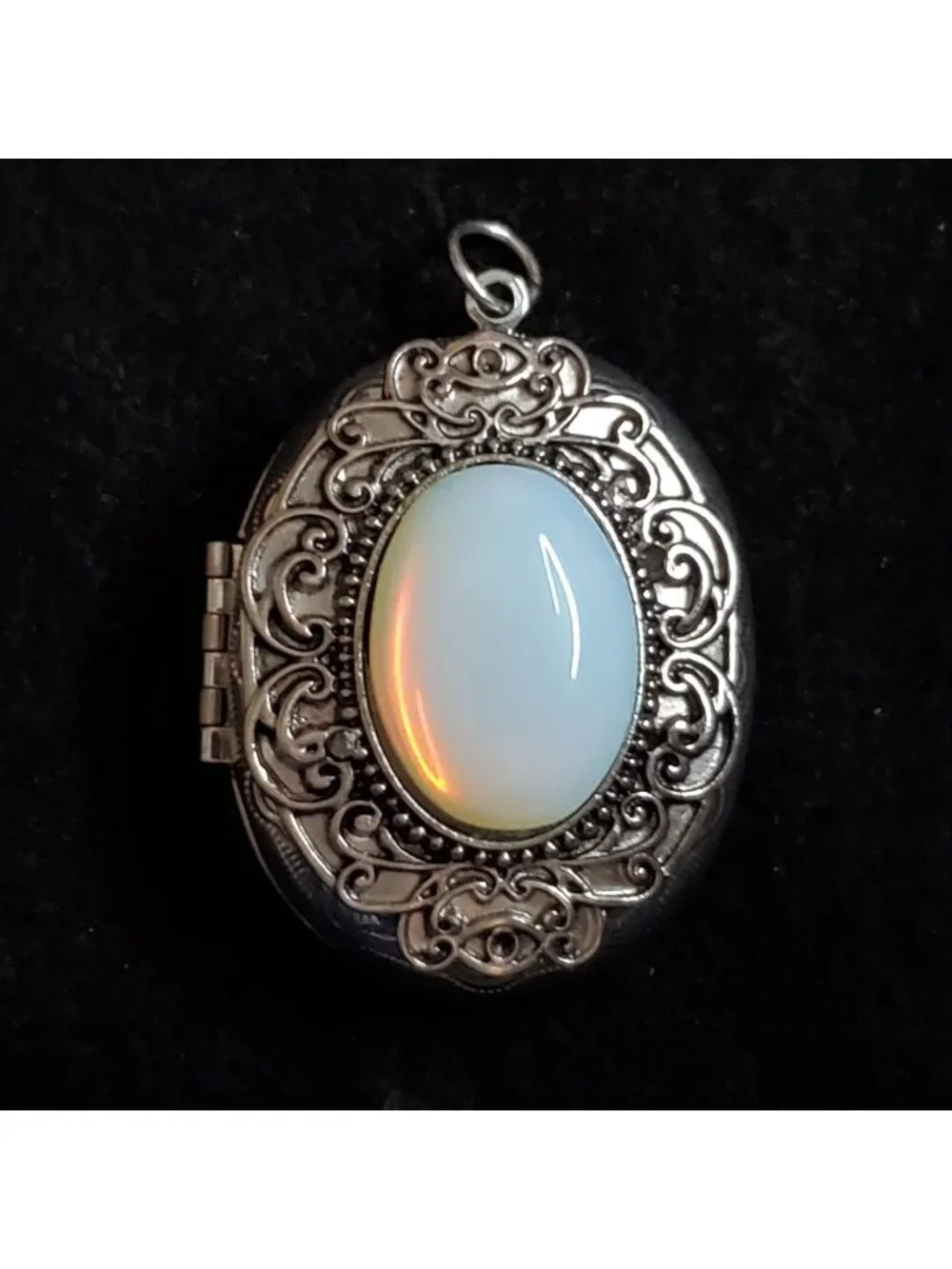 Vintage Locket Pendant Silver Tone Opalescent Cabochon 1.75